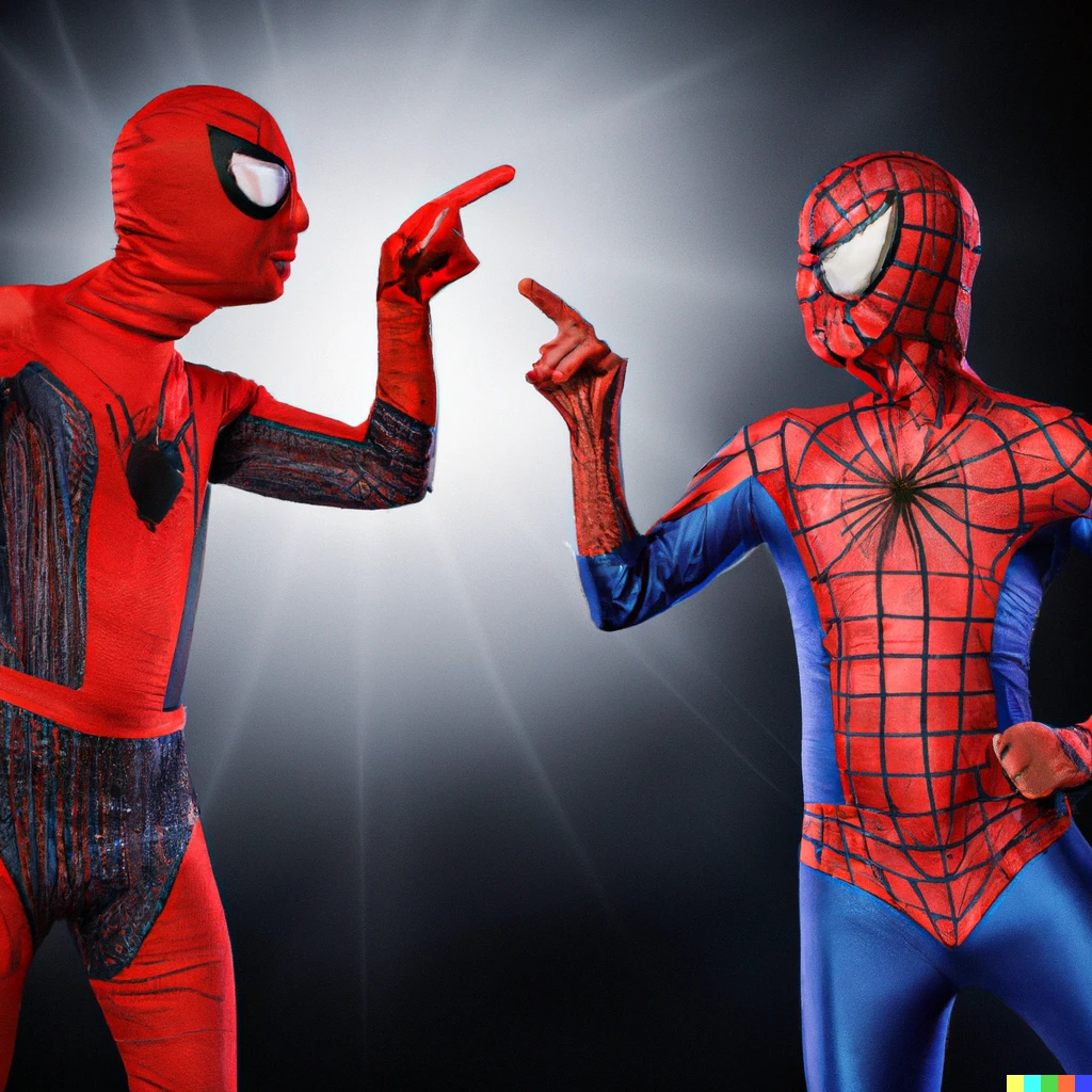 Prompt: Two spidermans superheros pointing at each other.