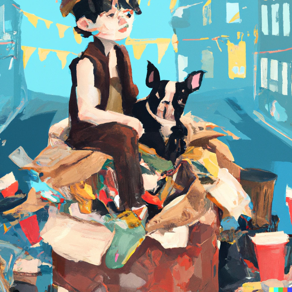 Prompt: A poor kid with a boston terrier dog on his lap sitting on a trashcan, a very crowded street. Studio ghibli style. Digital art.