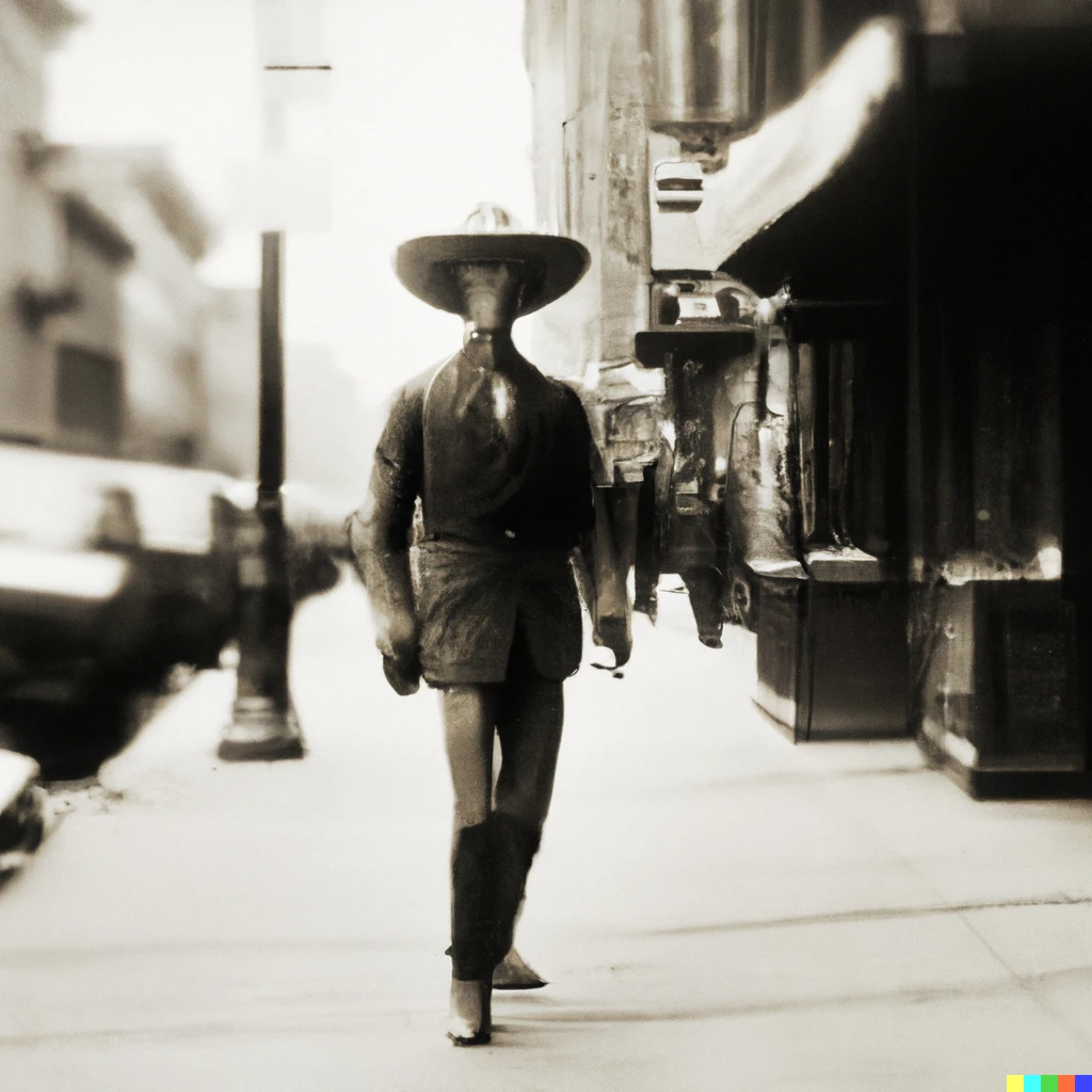 Prompt: 1890 photo an alien walking the streets of New York, wearing a cowboy hat.