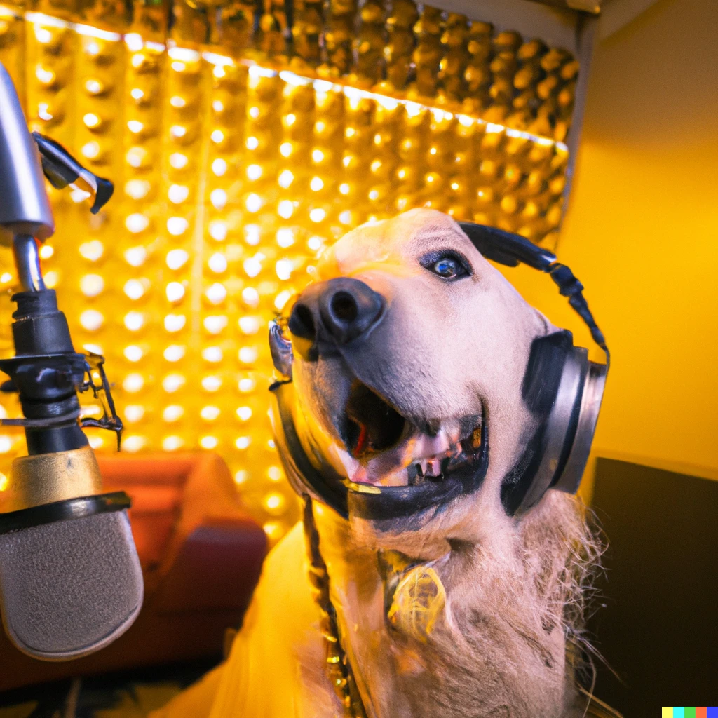 Prompt: Photo of a golden retriever dog with DJ headsets and gold chains around its neck barking at a recording studio microphone. Room is a recording studio with golden records on the wall.