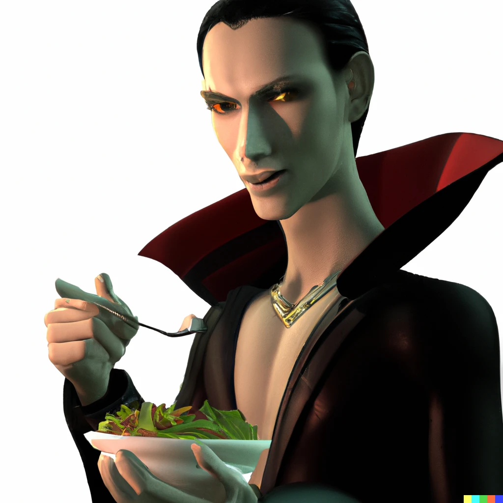 Prompt: A thin vampire wearing a black and red robe eating salad. 3D render.