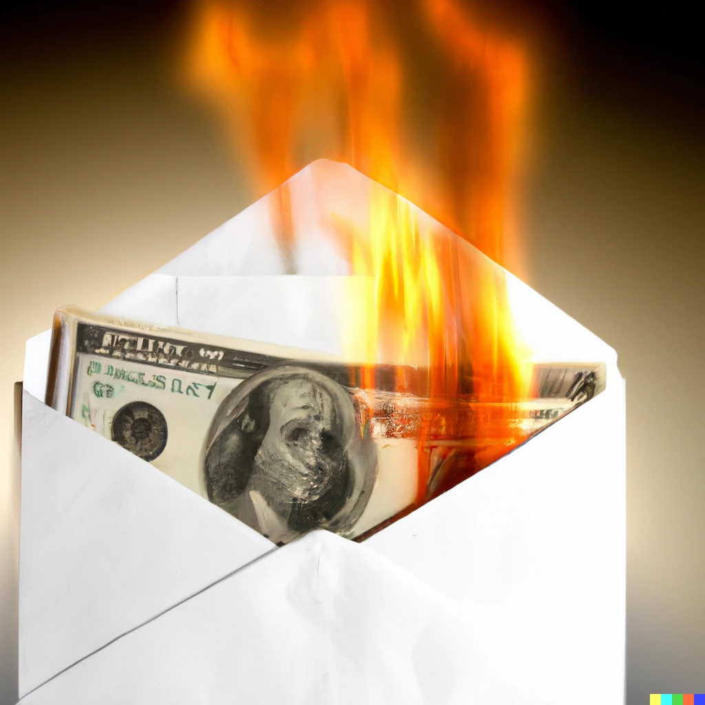 Prompt: A dollar bill on fire inside a white envelope.