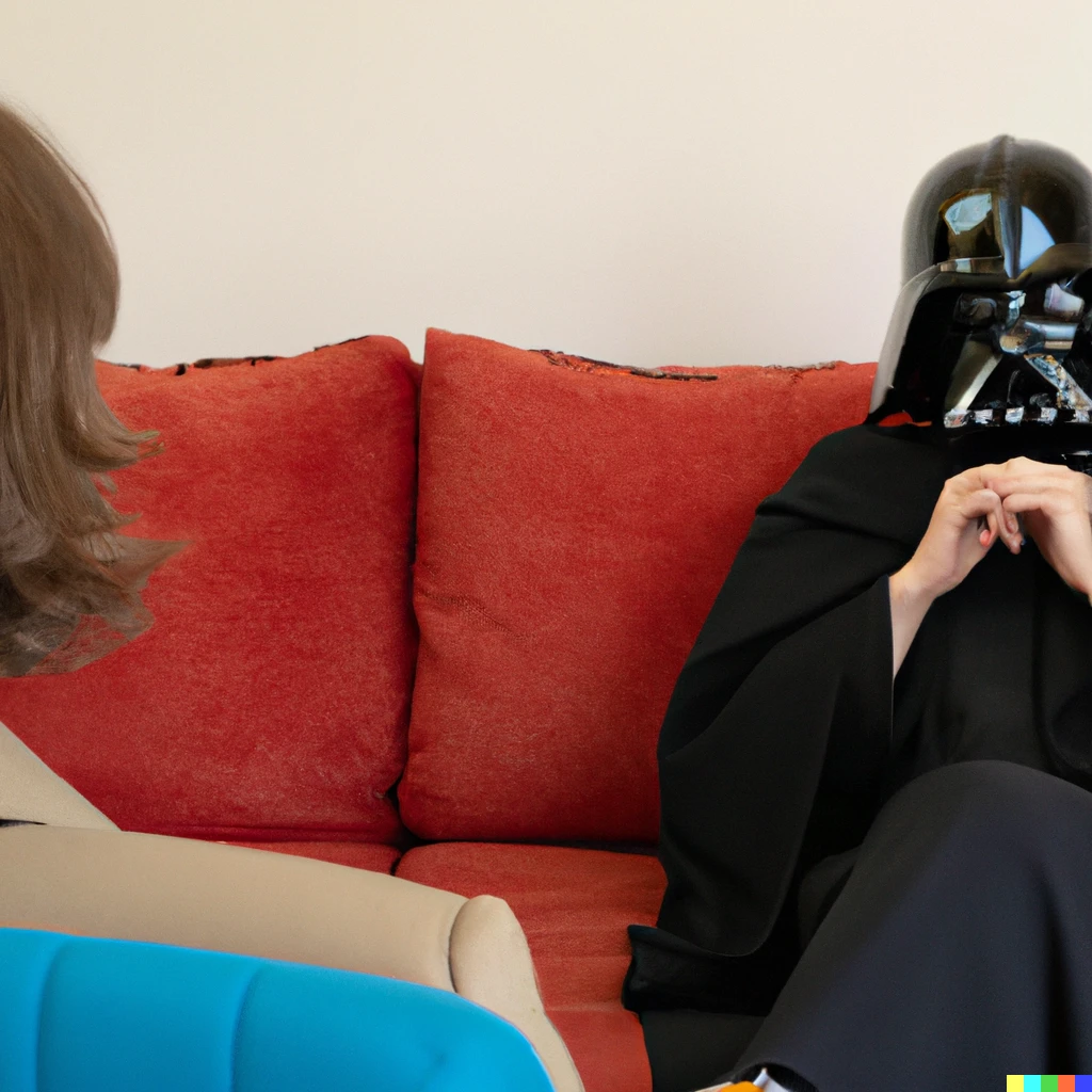 Prompt: Darth Vader on a psychologist sofa, talking to a middle aged woman psychologist.