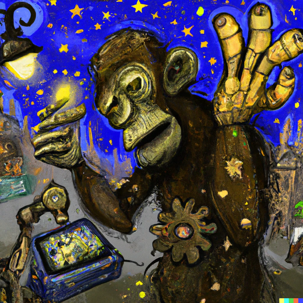 Prompt: A robot mutant ape asking for money on the street. Starry Night by Vincent Van Gogh Style.