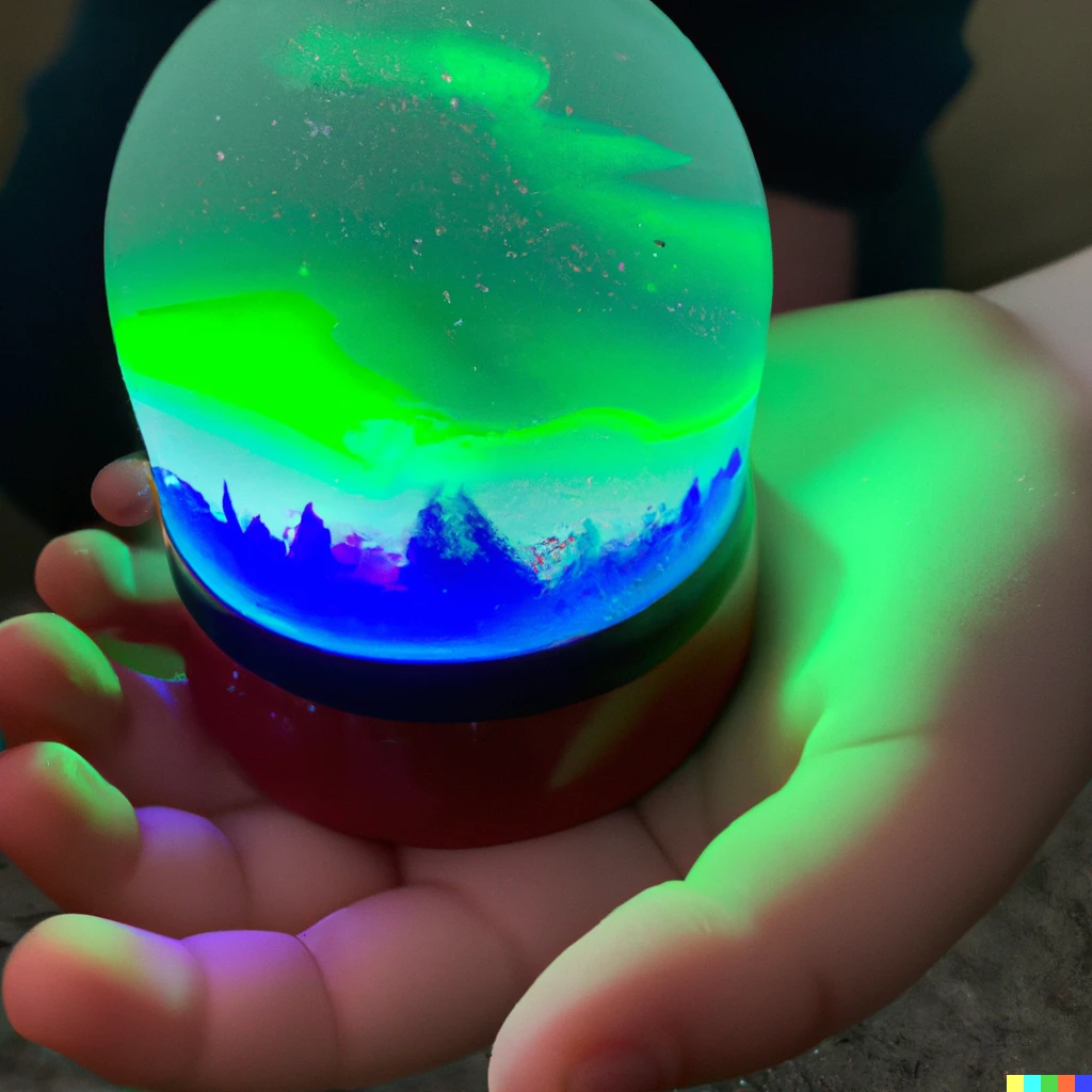 Prompt: Photo of a kid’s hand holding a Snow Globe with an aurora borealis inside.