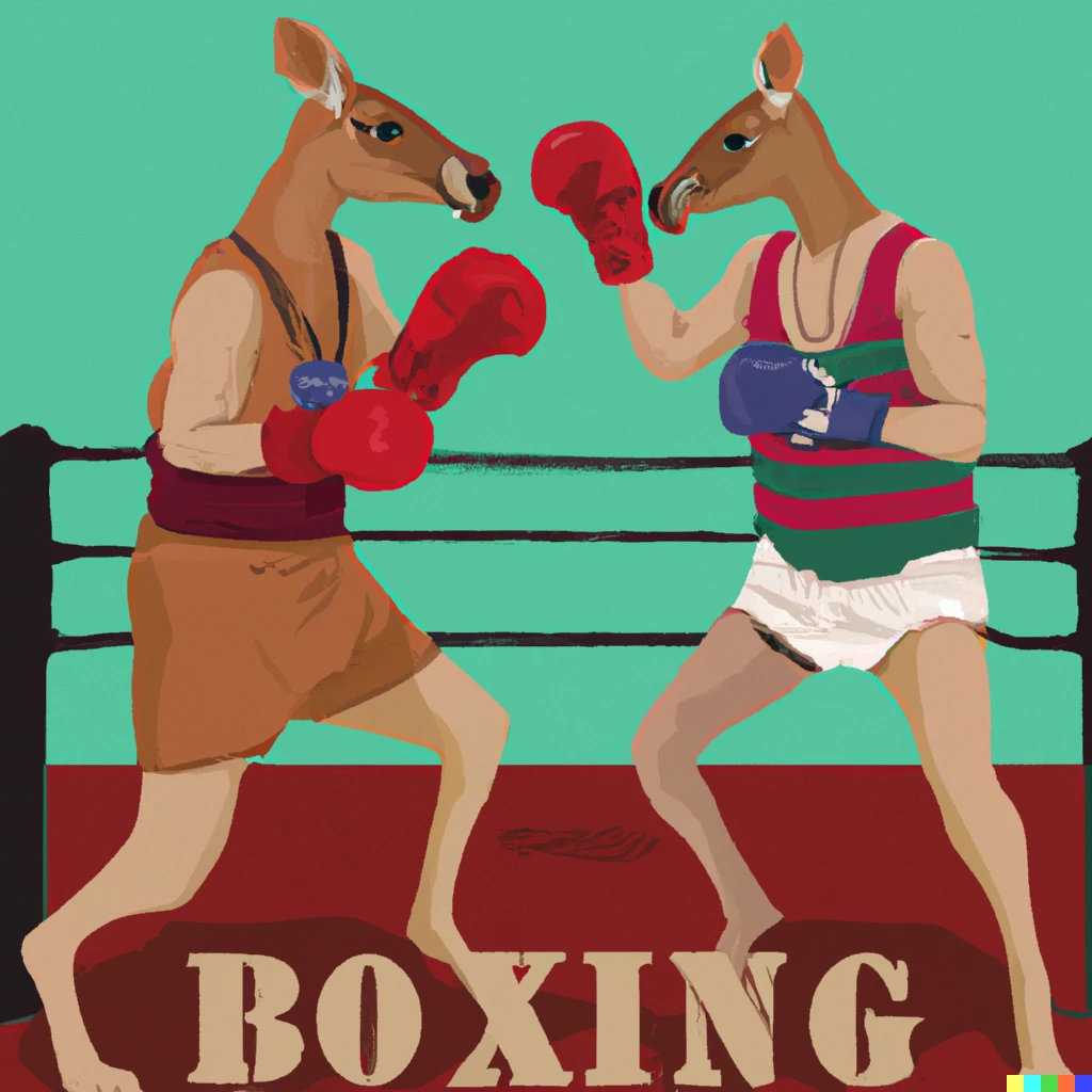 Prompt: Hipster styled poster of two kangaroos boxing, wearing shorts and boxing gloves. They are in a boxing ring. 