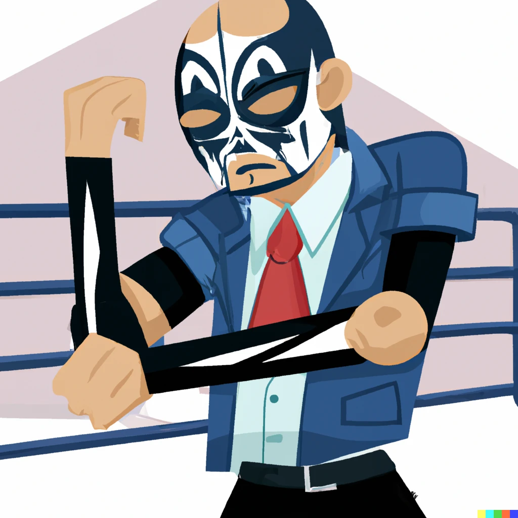 Prompt: Anime of an emaciated office worker wearing a luchador mask and luchador costume, flexing his right arm that has a tatoo. Background a boxing ring.