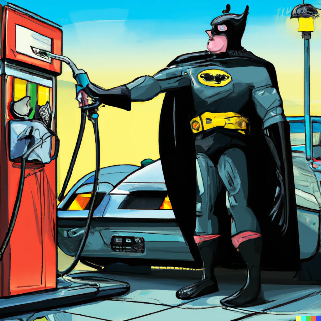 Prompt: Batman filling out the gas tank of the Batmobile on an oil station. Stan Lee comicbook Style.