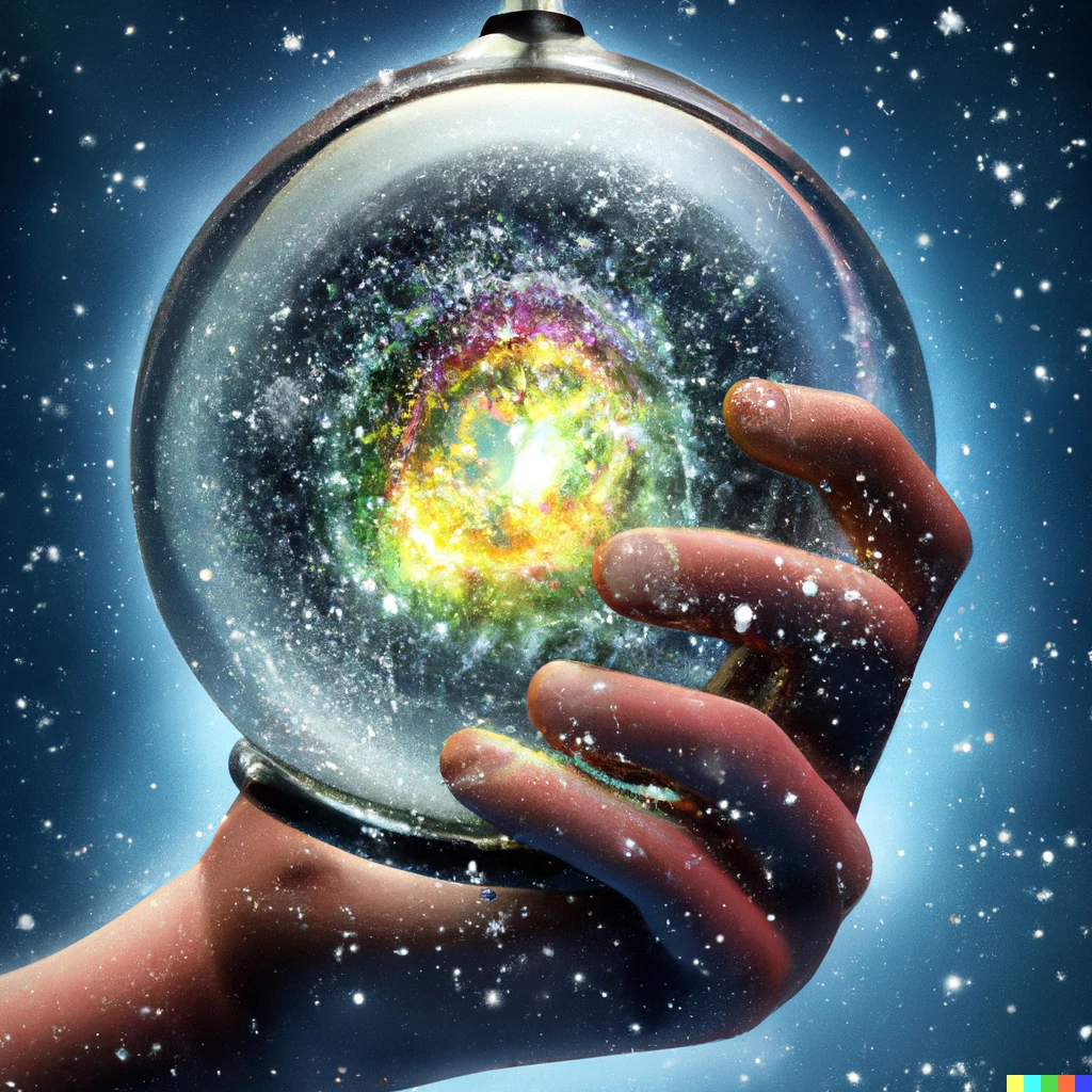 Prompt: Scifi movie cover of a snow globe with the Big Bang inside. Held by an aliens hand.