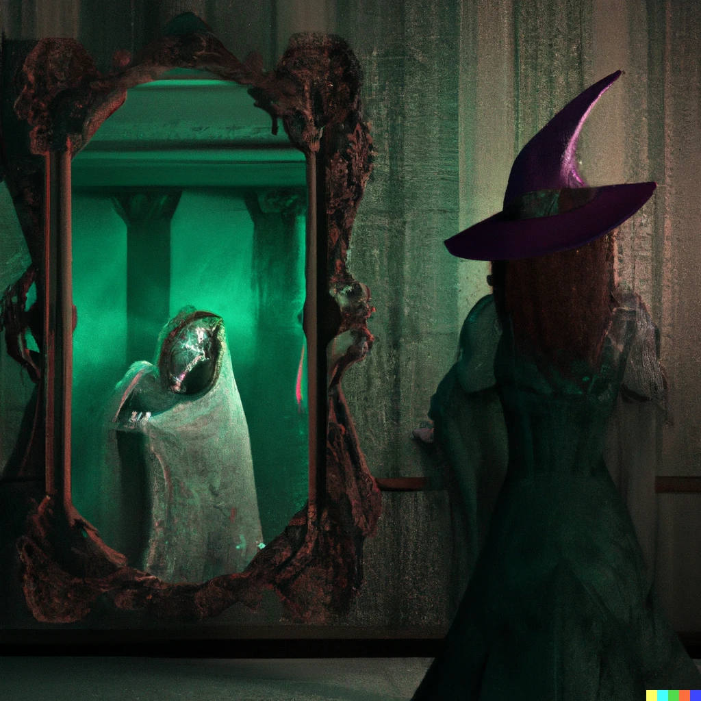 Prompt: A witch in front of a mirror with a ghastly figure in it. Background of an inside room of a castle.