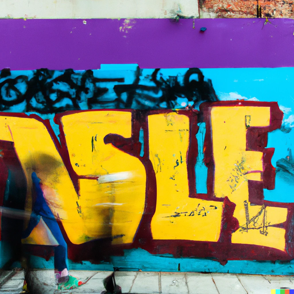 Prompt: Photo of East Side letter graffiti in loud colours painted on a broken wall. Big fat letters. People walking by, faded.

