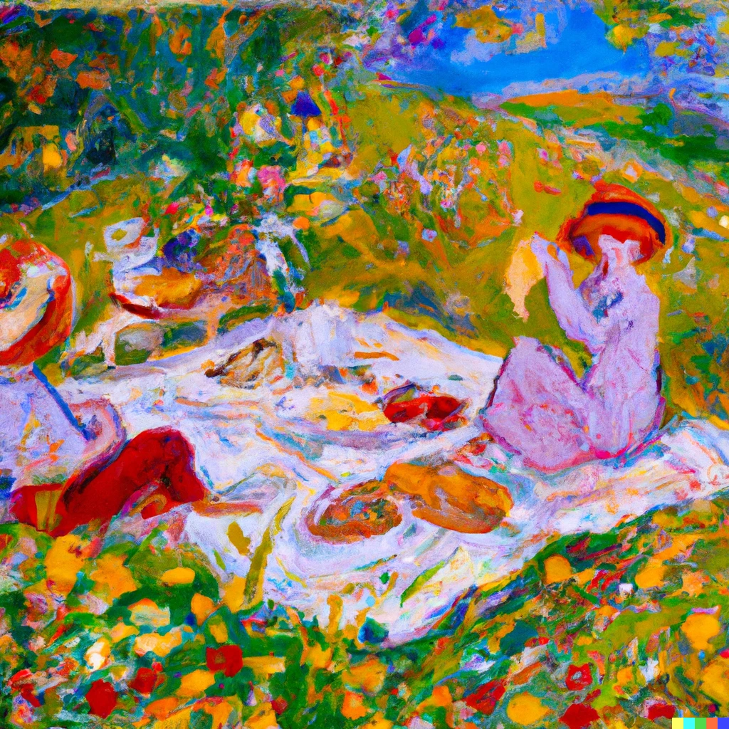 Prompt: A garden picnic in a flowery meadow in the style of Paul Gauguin
