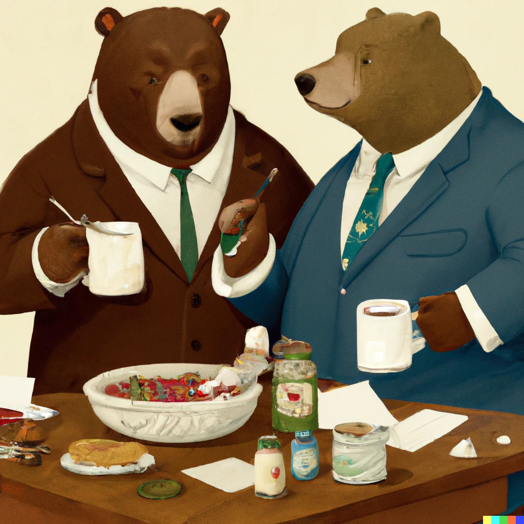 Prompt: Two anthropomorphic bears wearing suits having breakfast in the style of norman rockwell