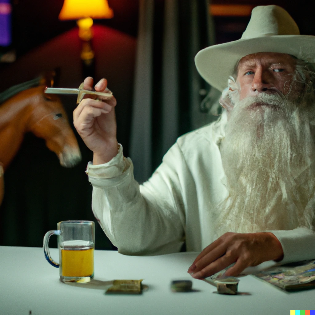Prompt: Gandalf the white betting on horse races while smoking cigarettes and drinking whiskey