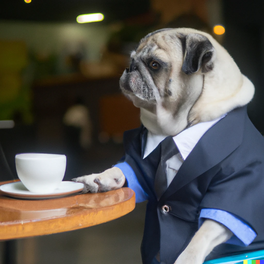 Prompt: A pug wearing a suit drinking coffee in a coffee shop