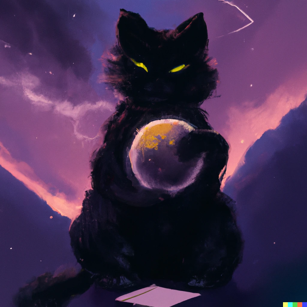 Prompt: a fortune-telling black cat reading your fate in a dark planet with a purple sky , digital art