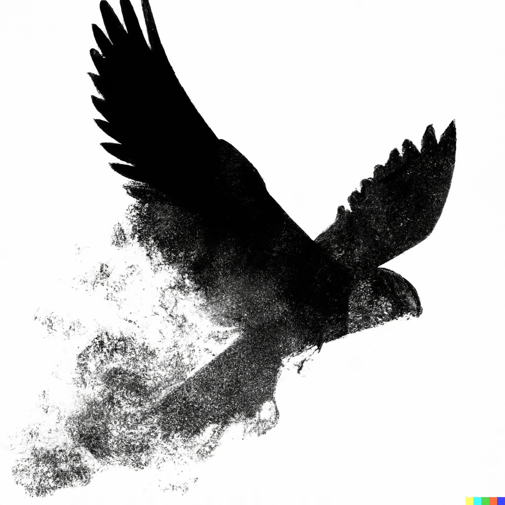 Prompt: Flying falcon silhouette leaving a trail of smoke like substance behind its wings and tail drawn with coal