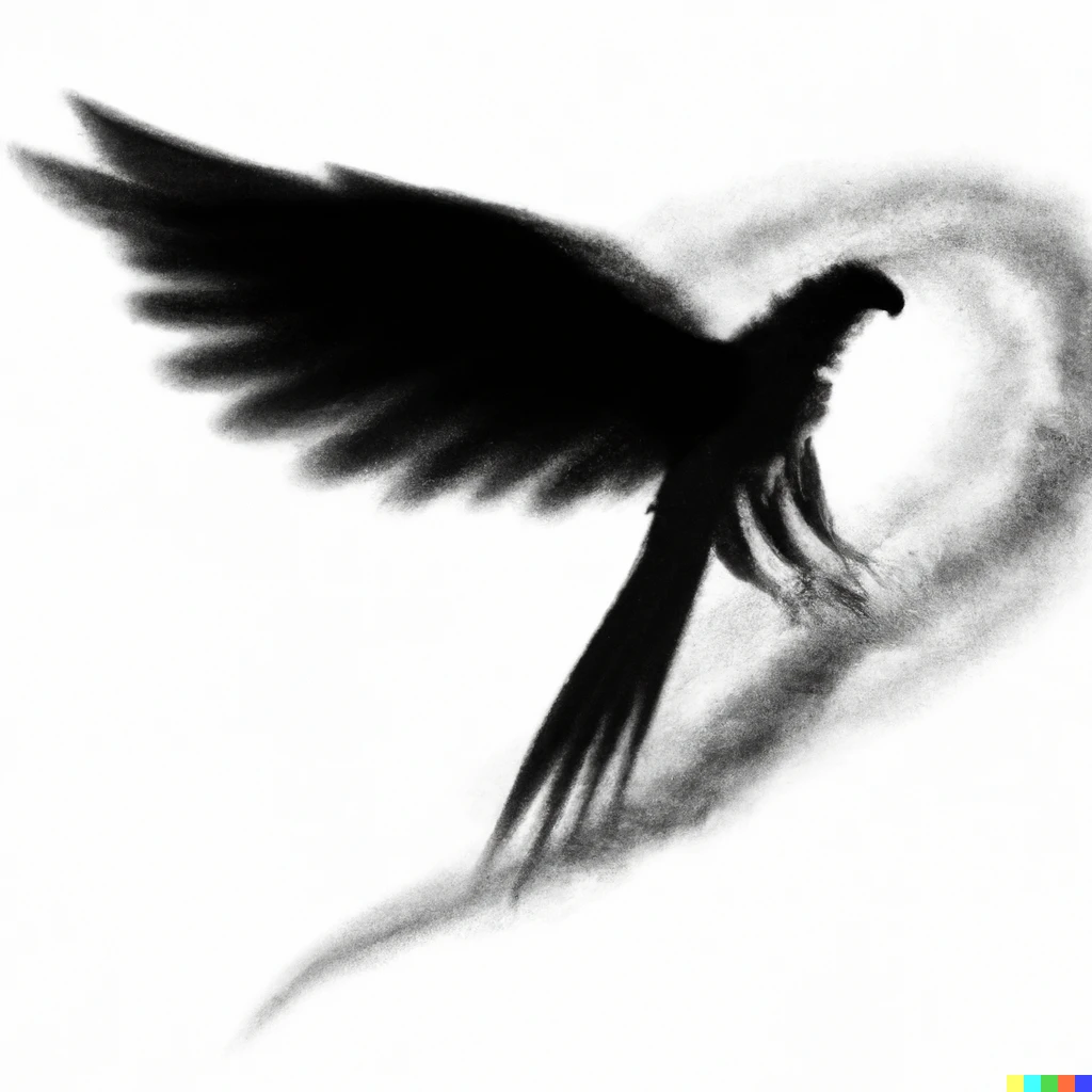 Prompt: Flying falcon silhouette leaving a trail of smoke like substance behind its wings and tail in chinese art style