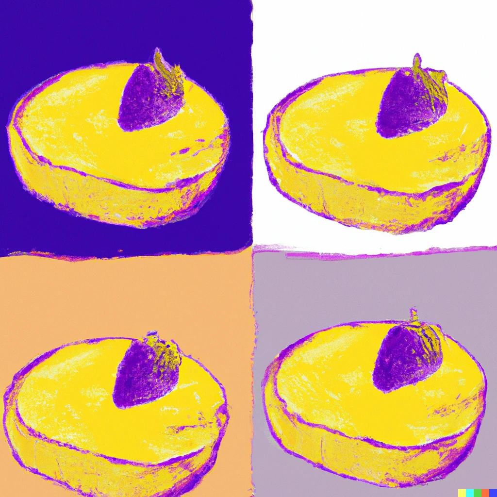 Prompt: a golden cheesecake with purple strawberries in andy warhol style