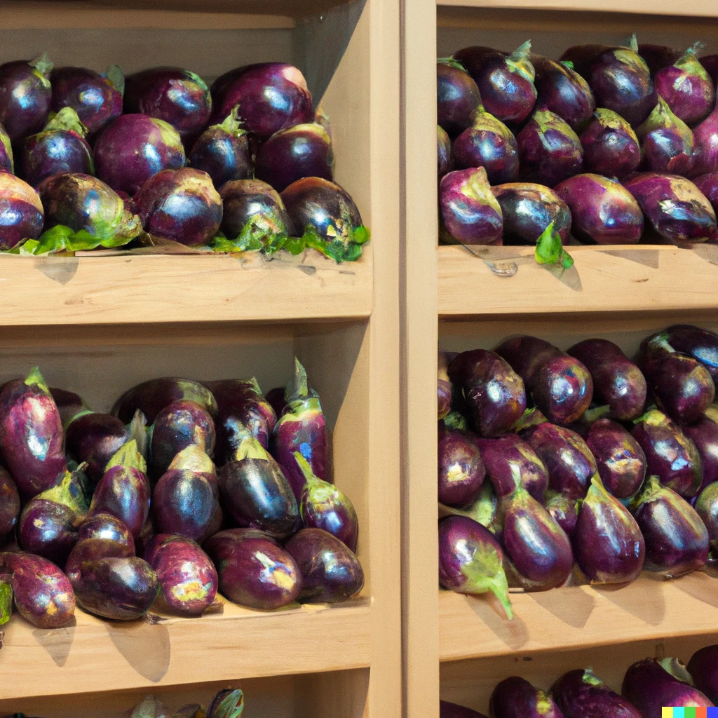 Prompt: Closet with shelves of eggplants of various sizes 
