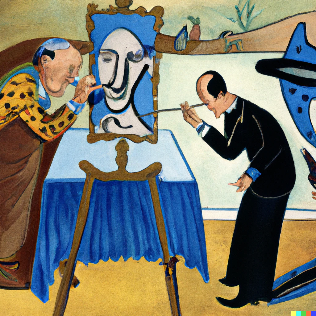 Prompt: Picasso painting a picture of salvadore dali painting a picture of Van Gogh.
