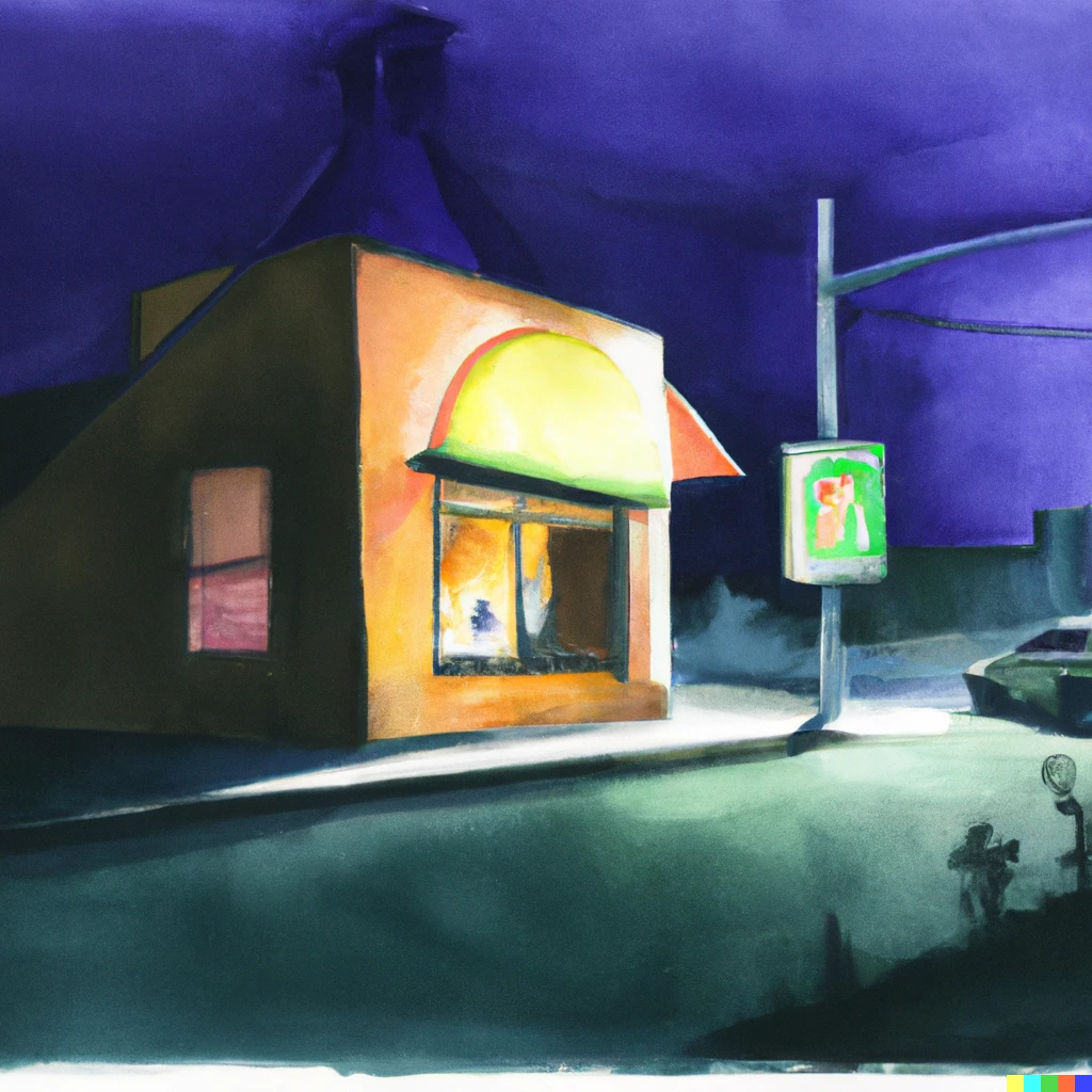 Prompt: An Edward Hopper painting of a Taco Bell drive-through at night