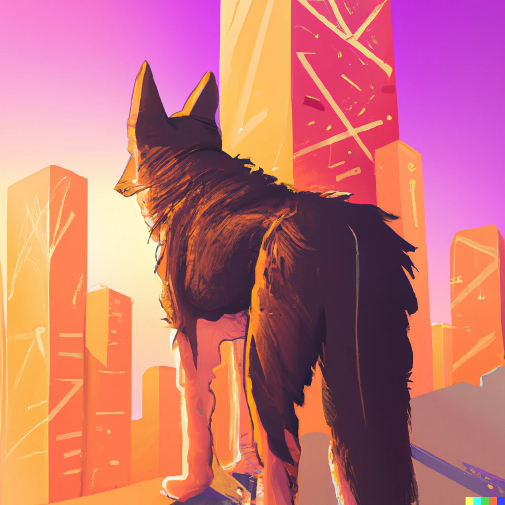 Prompt:  dog looking into the sunset on top of a skyscraper, colorful, digital art