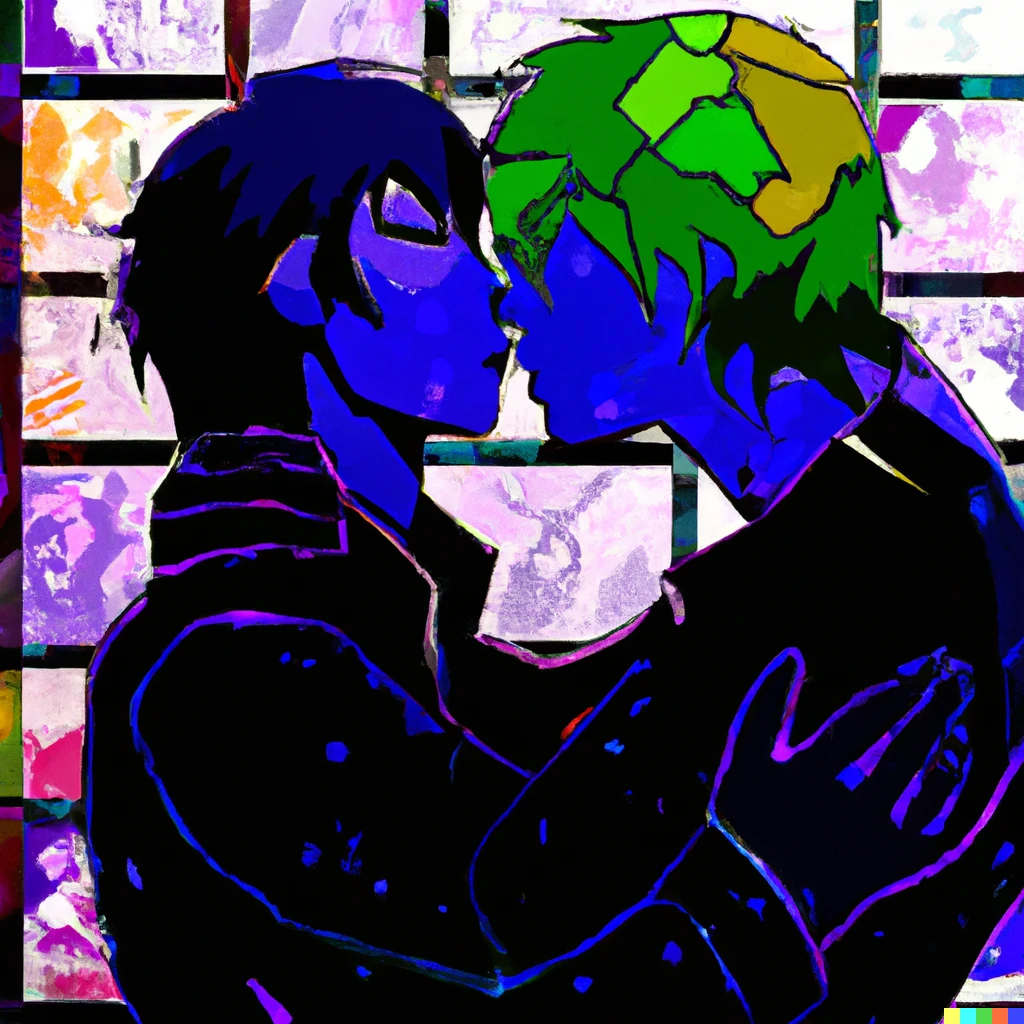 Prompt: Stained glass artwork of two emo boys kissing