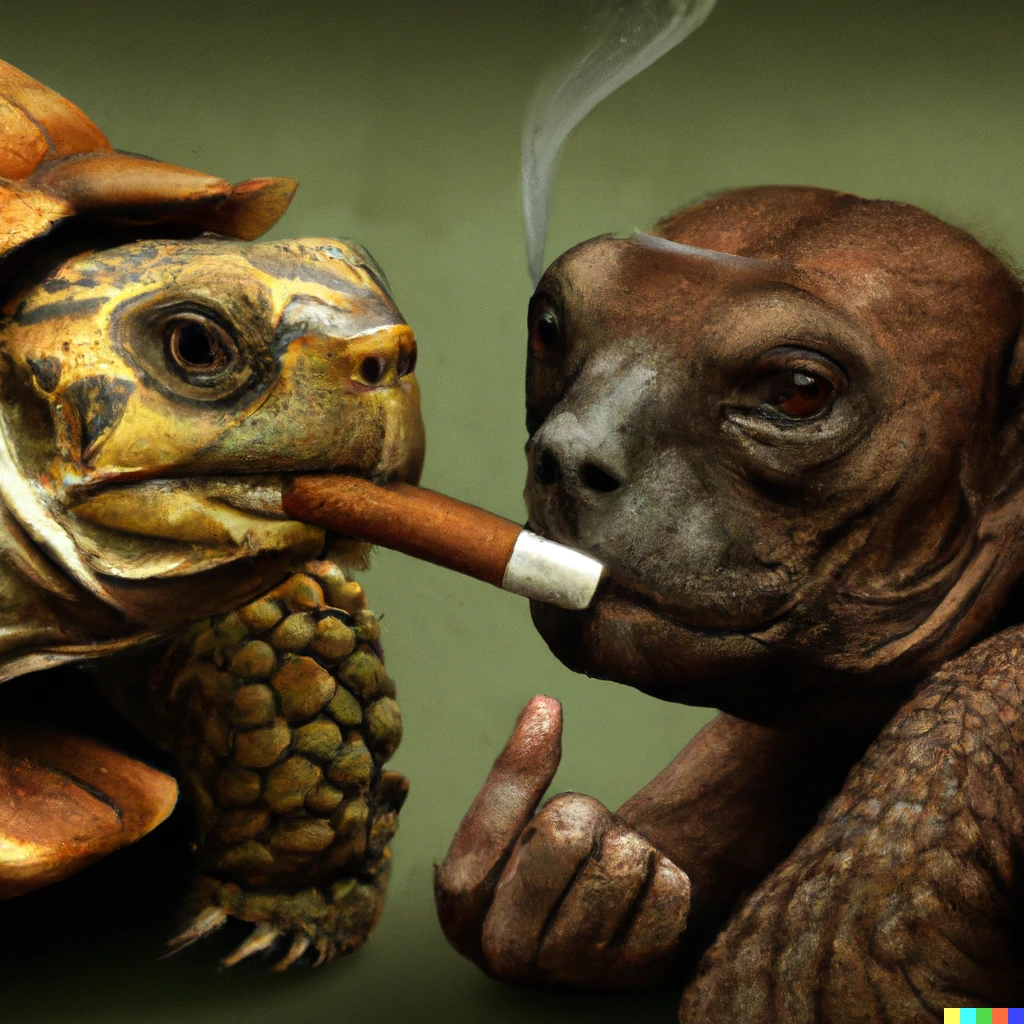 Prompt: a monkey smoking a cigar sharing it with a tortoise.8k hyper realistic