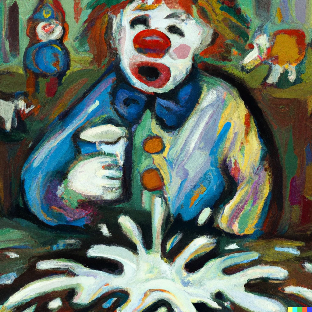 Prompt: A painting of a clown crying over spilt milk in the style of Monet