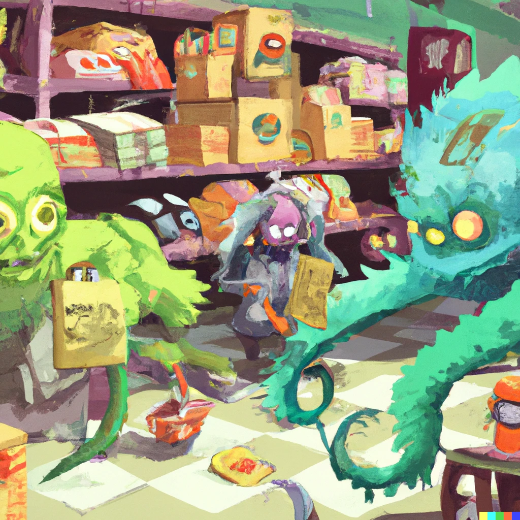 Prompt: Monsters shopping for Children's cereal boxes featuring Cthulu, digital art