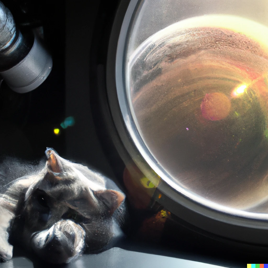 Prompt: a cat laying in a ray of sunshine on a spacestation with a large gas planet outside the window, photograph