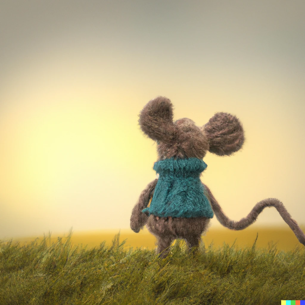 Prompt: A mouse knitted out of wool standing in a field looking at the sunrise with blue sky above low angle digital art