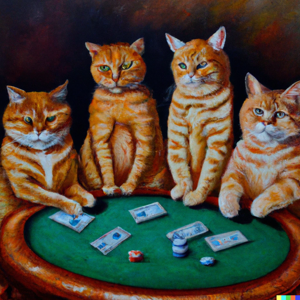 Prompt: cats sitting at a table playing poker, oil on velvet
