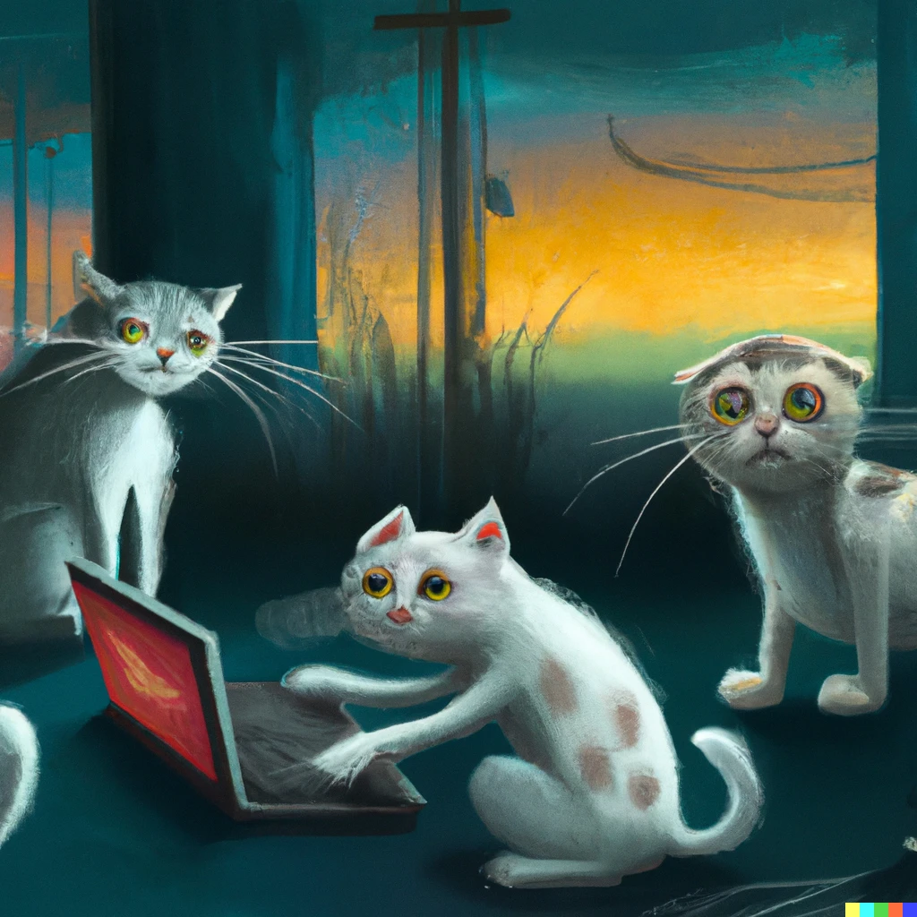 Prompt: four cats controlling the internet, digital art