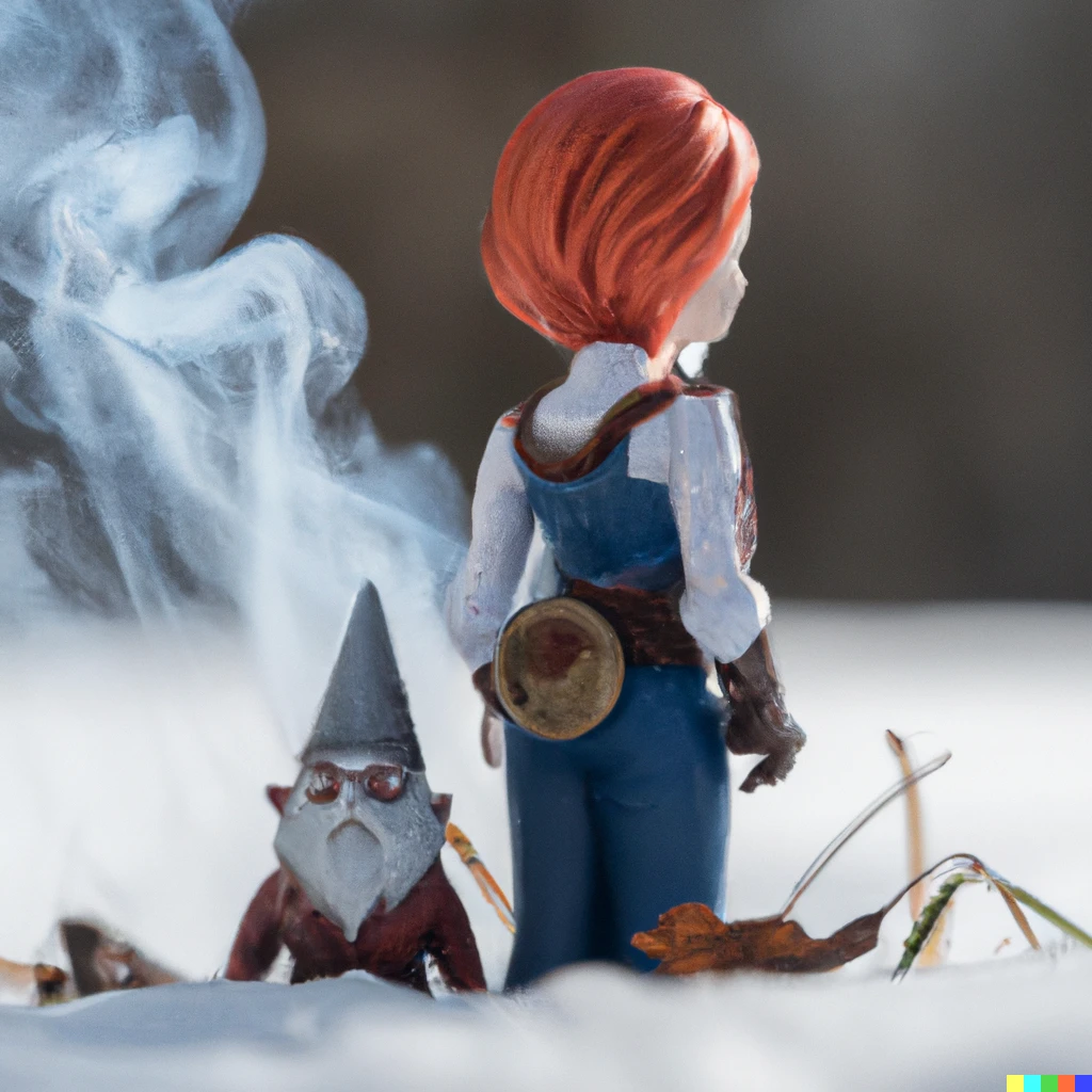 Prompt: Zoom in on a miniature female dnd tinkerer gnome doll made of smoke, with red hair and a mechanic companion in her hands. The doll stands on fresh fallen snow on a sunny and cold day in a winter environment. In the back you can see a blurred out tree.