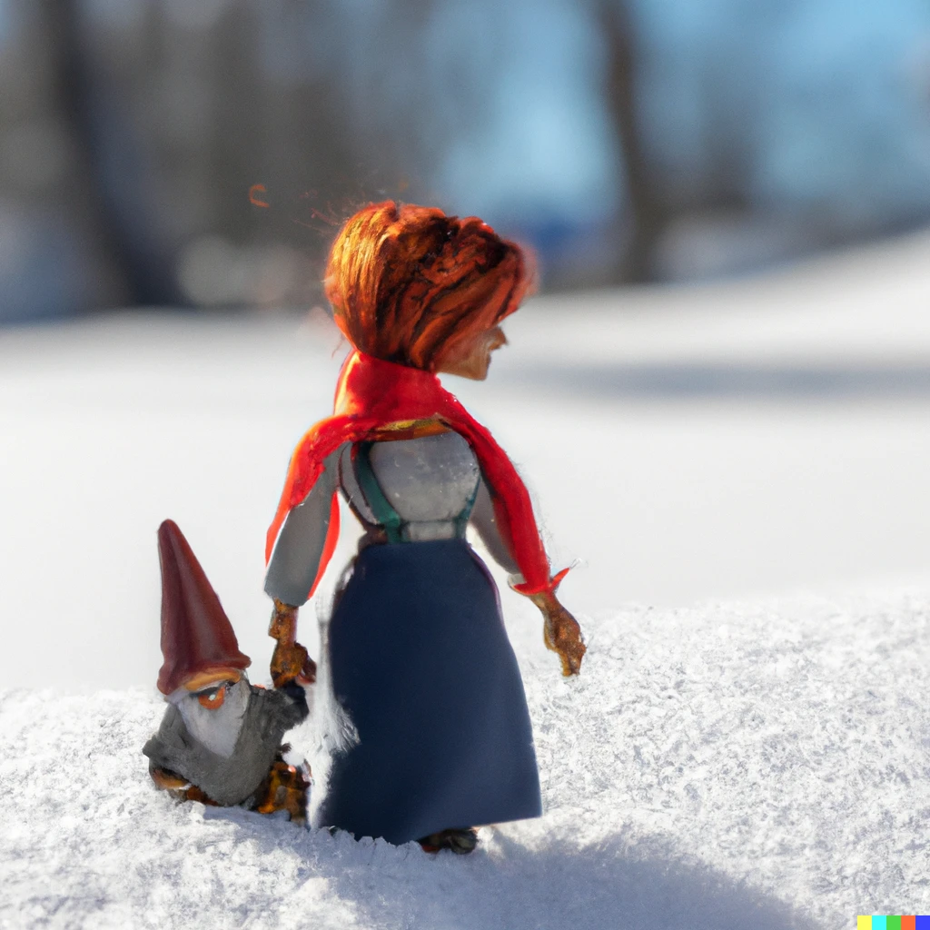 Prompt: Zoom in on a miniature female tinkerer gnome doll made of thread, with red hair and a mechanic companion in her hands. The doll stands on fresh fallen snow on a sunny and cold day in a winter environment. In the back you can see a blurred out tree.