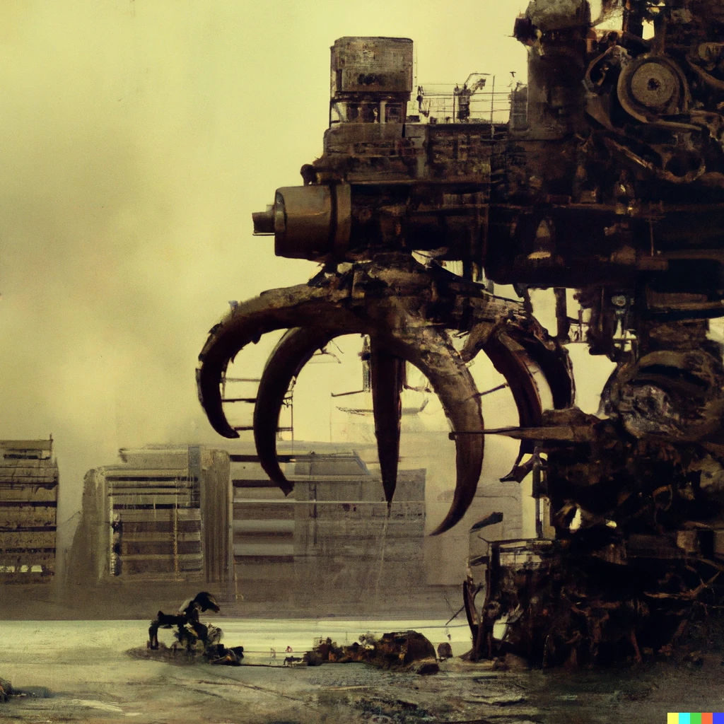 Prompt: A phoot of a giant steampunk mecha fighting cthulu in the ruins of a city. The city is half sunken in murky water.  | 480