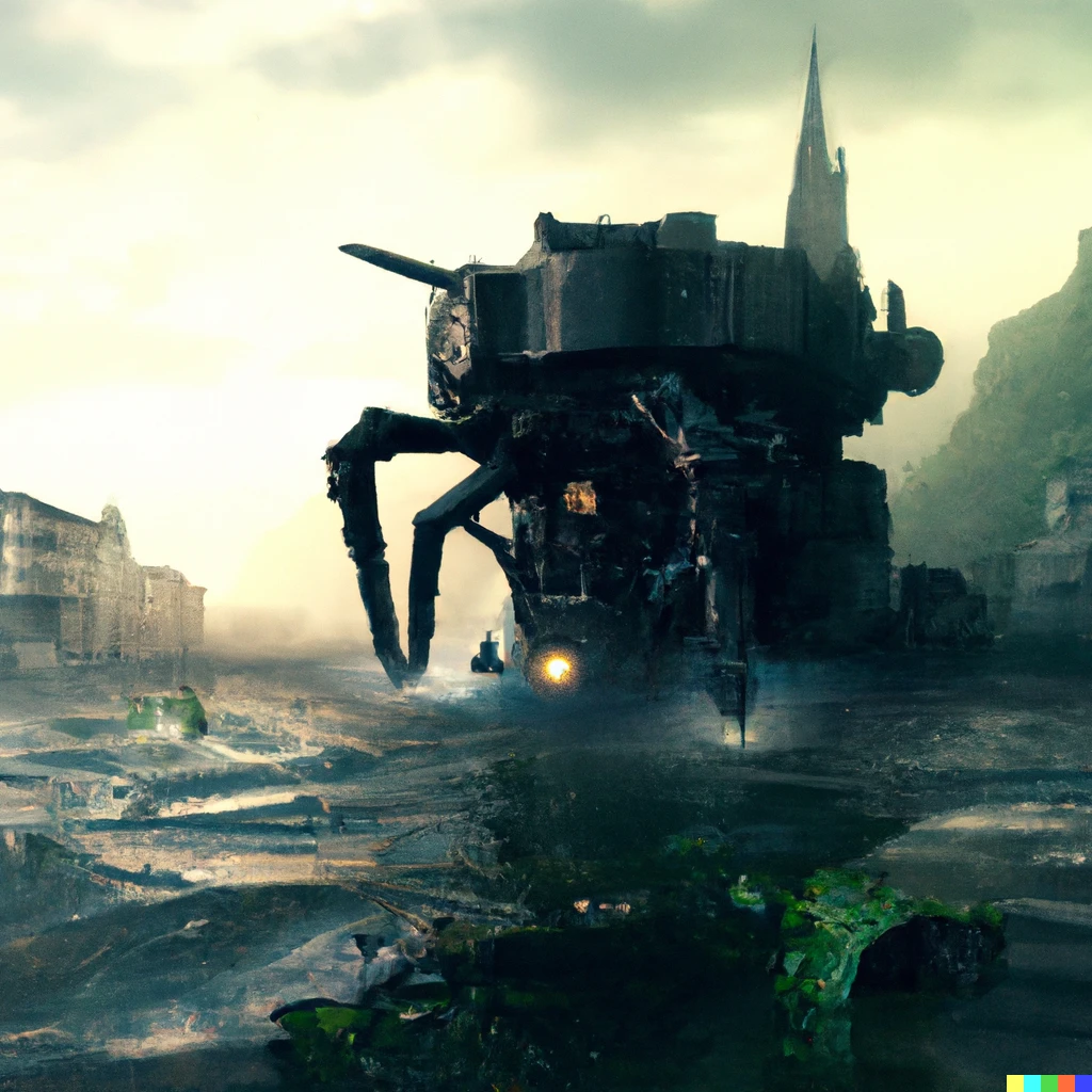 Prompt: A phoot of a giant steampunk mecha fighting cthulu in the ruins of a city. The city is half sunken in murky water.  | 480