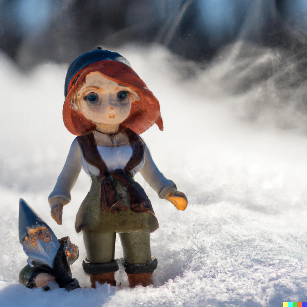 Prompt: Zoom in on a miniature female dnd tinkerer gnome doll made of smoke, with red hair and a mechanic companion in her hands. The doll stands on fresh fallen snow on a sunny and cold day in a winter environment. In the back you can see a blurred out tree.