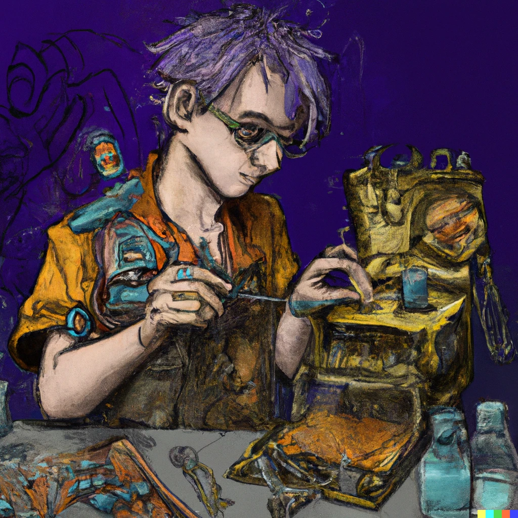 Prompt: A young, male D&D Artificer, wearing a vest with hooks and all kinds of tiny alchemical flasks and vials attached to it. He is wearing welding goggles and has short blonde hair. He is tinkering with a copper colored tiny robot. All as a trading card in digital art.