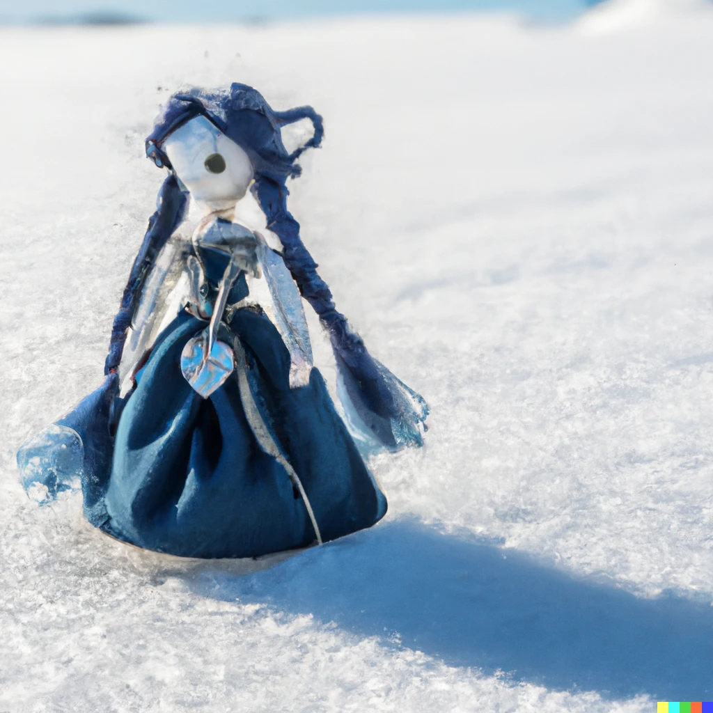 Prompt: Zoom in on a miniature female barbarian doll made of thread, with nlue face painting and a bow in her hands and a quiver on her back. The doll stands on fresh fallen snow on a sunny and cold day in a winter environment. 