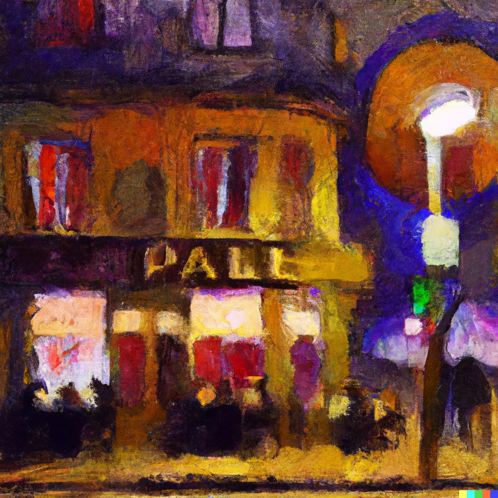 Prompt: Oil painting Paul Klee cafe in Paris at night 