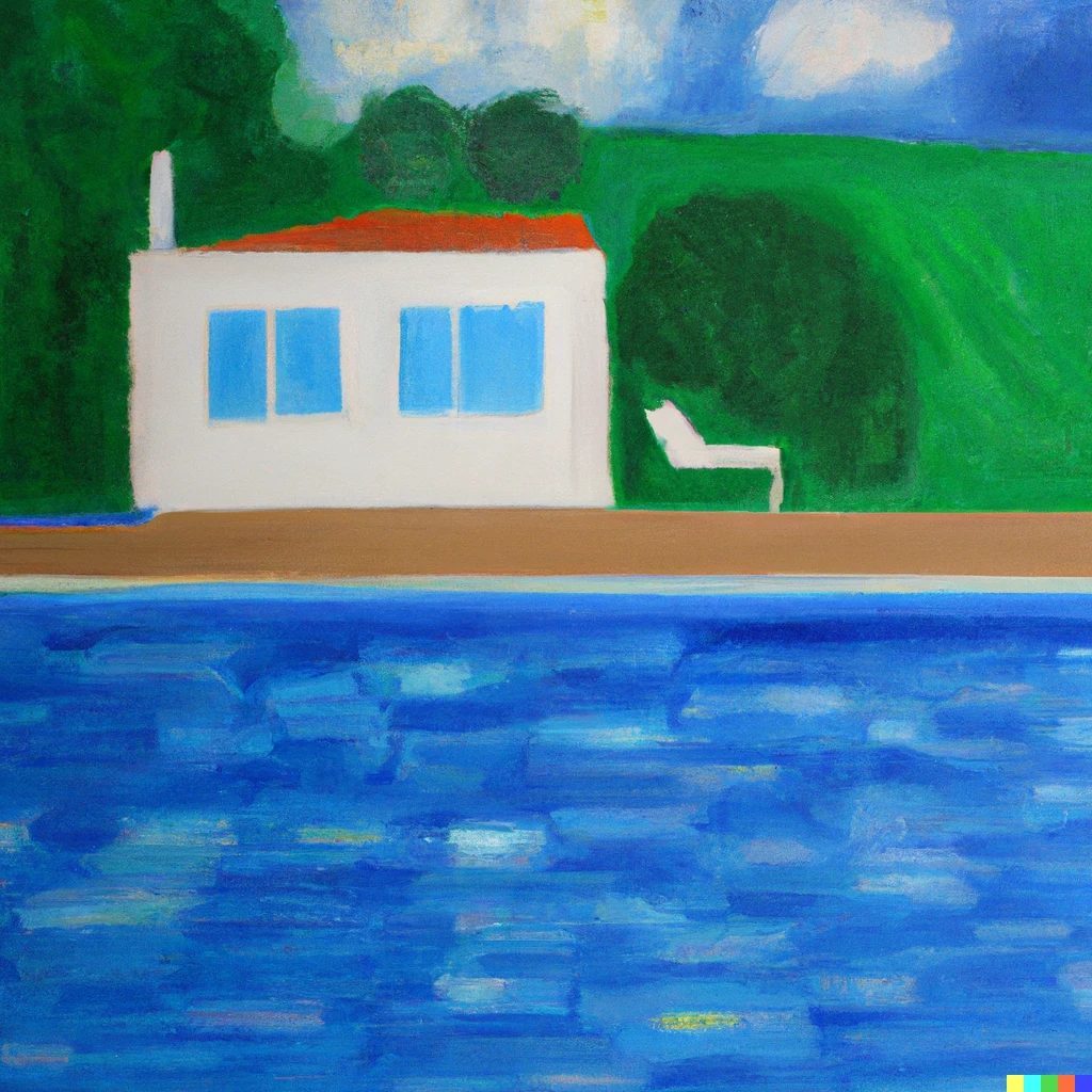 Prompt: Oil on canvas david Hockney pool with house and blue sky 
