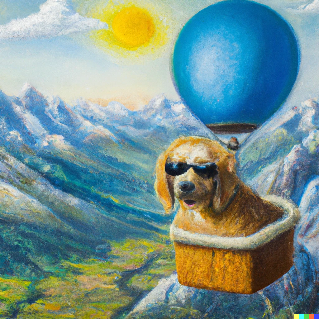 Prompt: Impressionist oil painting of a dog with sunglasses in an air balloon over the French alps 