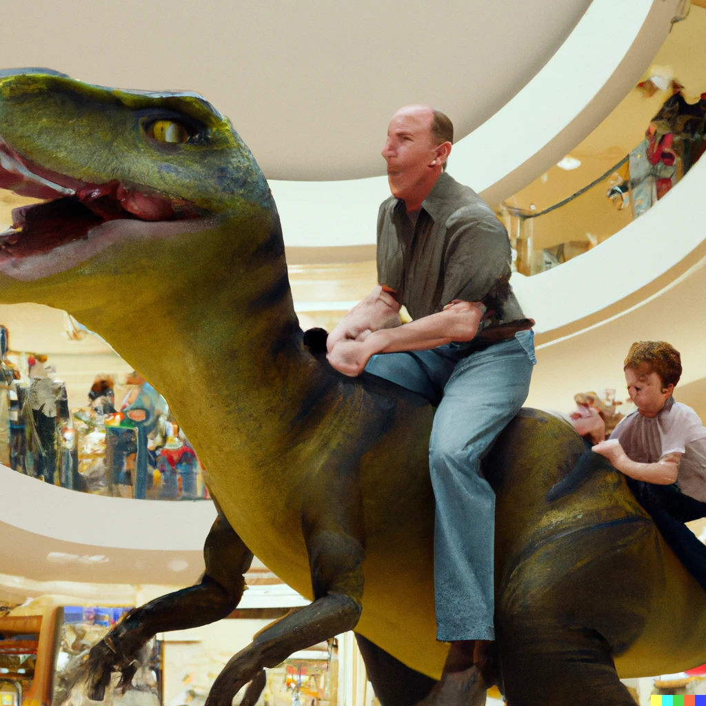 Prompt: bruce willis riding a dinosaur through a shopping mall while panicked people flee