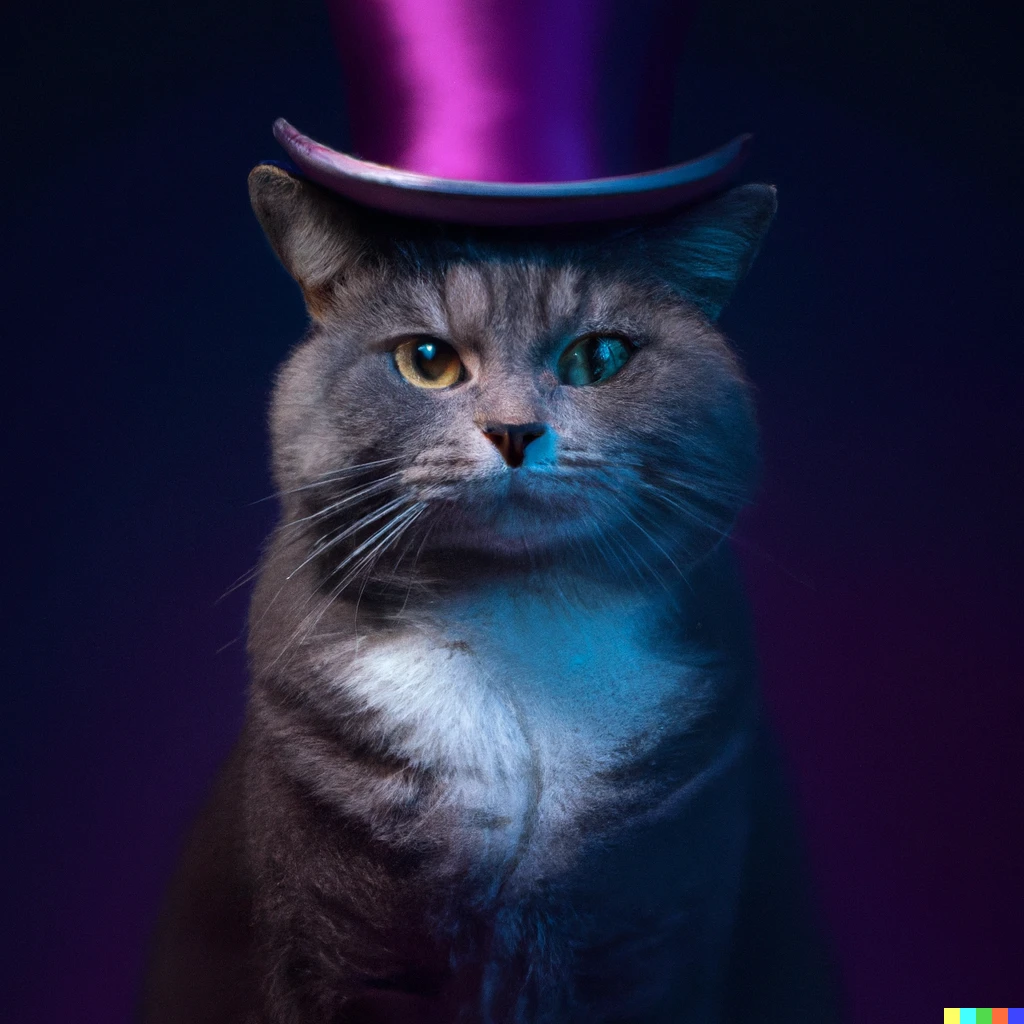 Prompt: A portrait of cat with magic hat , studio, blue and violet lighting, digital art