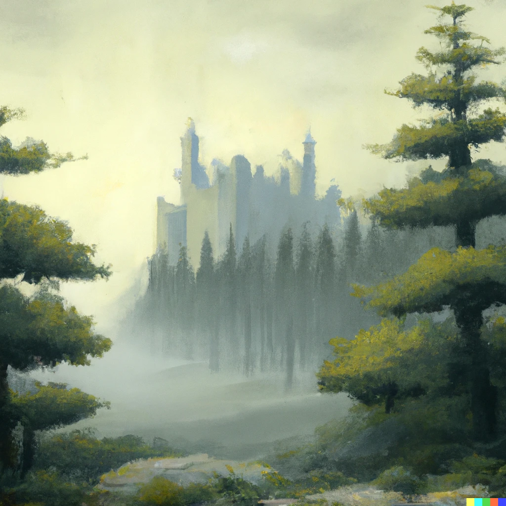 Prompt: Painting of a misty castle nestled in a cedar forest