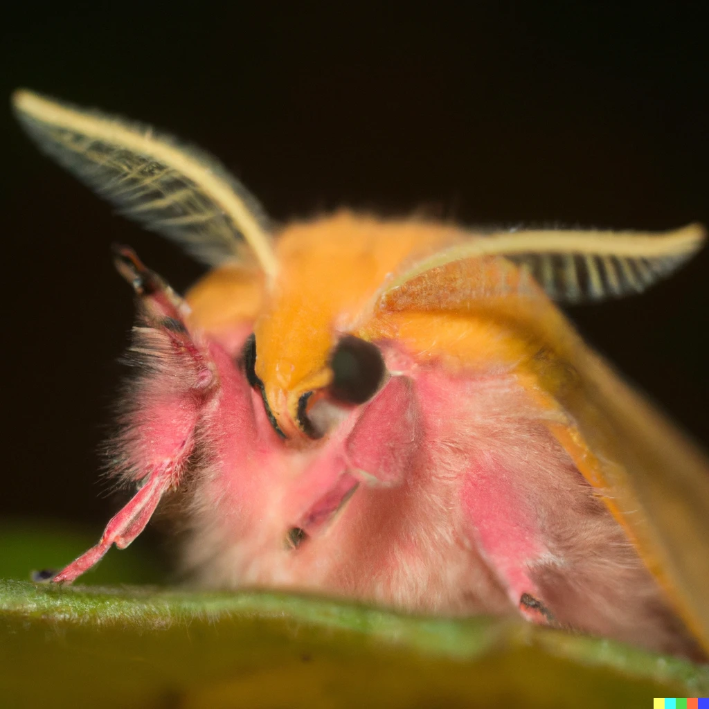 Prompt: closeup photo of a fuzzy pink and yellow moth waving hello to the camera