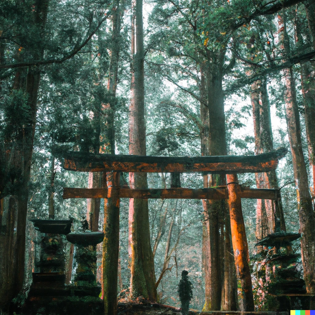 Prompt: a lone figure standing outside a torii gate in the mysterious cedar forest at the base of the mountain